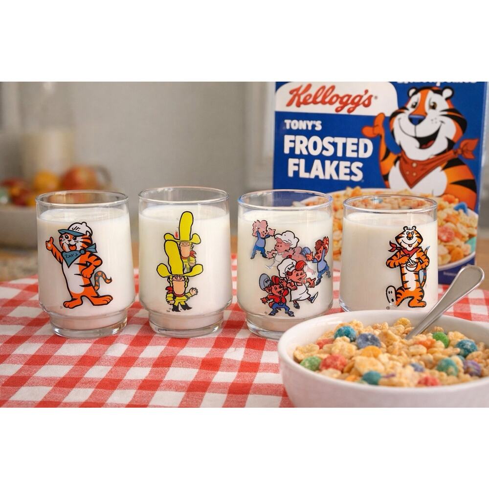 3 Kellogs 1977 Juice Glasses. Tony Jr. Snap Crackle & Pop, Big Yella Cowboy.